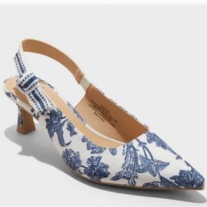 Floral Blue and White Slingback Heels